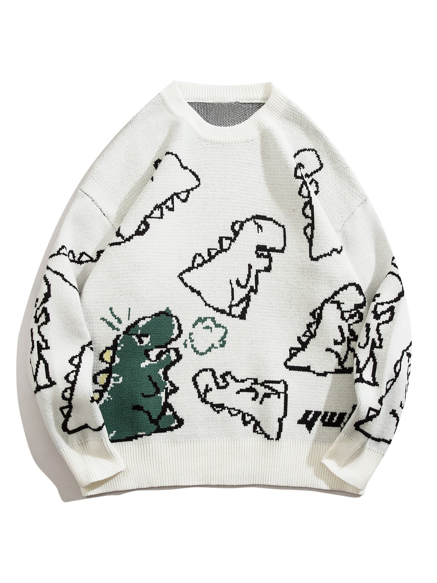 YWFG Unisex Casual Loose Fit Sweater - Black with Blue Dinosaur & Cloud Design, Long Sleeve Round Neck Pullover for Men & Women, Cozy Fall/Winter Knitwear, Dinosaur Clothes, Fall Winter Apparel, Playful Graphic Design, Comfor