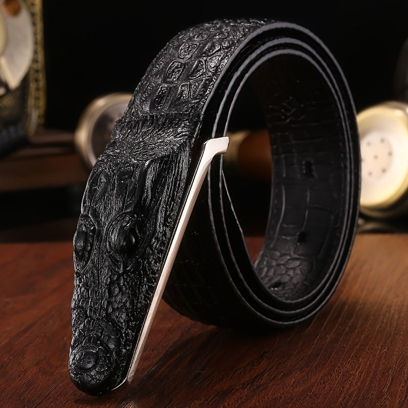 Men'S Black Crocodile Pattern Belt with Smooth Alloy Buckle - Casual Style, Genuine Leather, Perfect for Casual Attire