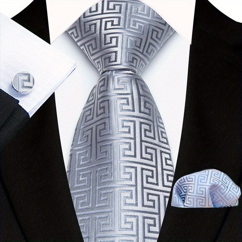 Men's Floral Paisley Striped Plaid Necktie & Handkerchief & Cufflink Set, Formal Business Wedding Necktie Set, Ideal Choice For Gifts