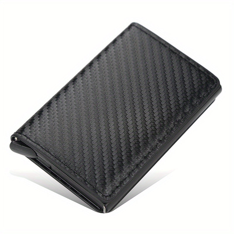 OBCREATOR Carbon Fiber RFID Blocking Wallet, Slim Metal Pop-Up Credit Card Holder, Aluminum Alloy, Non-Braided, Simple Style, Black, Minimalist Design for Men