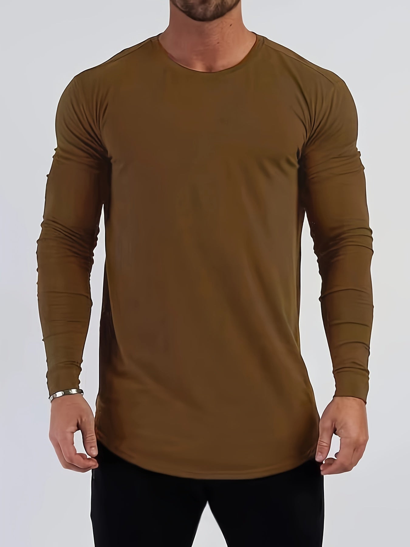 Mens Premium Solid Hue Slim Fit Long Sleeve Sports Shirt - Comfortable Crew Neck, Athletic for Fitness, Hiking & More - Versatile Top for Active Men
