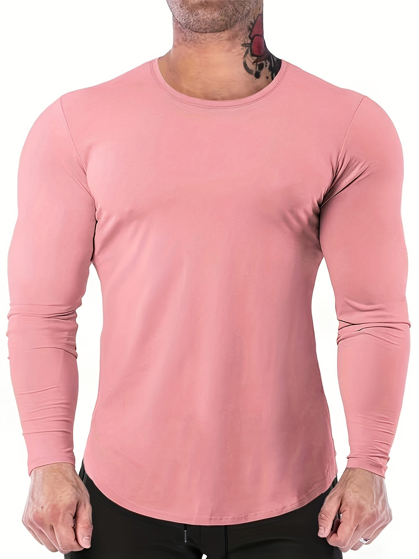 Mens Premium Solid Hue Slim Fit Long Sleeve Sports Shirt - Comfortable Crew Neck, Athletic for Fitness, Hiking & More - Versatile Top for Active Men