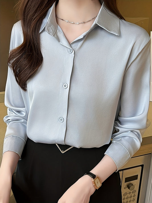 Womens Classic Solid Button Front Shirt - Flattering Long Sleeve Collar Design - Perfect for Work & Casual Office Wear - wardrobe Essential
