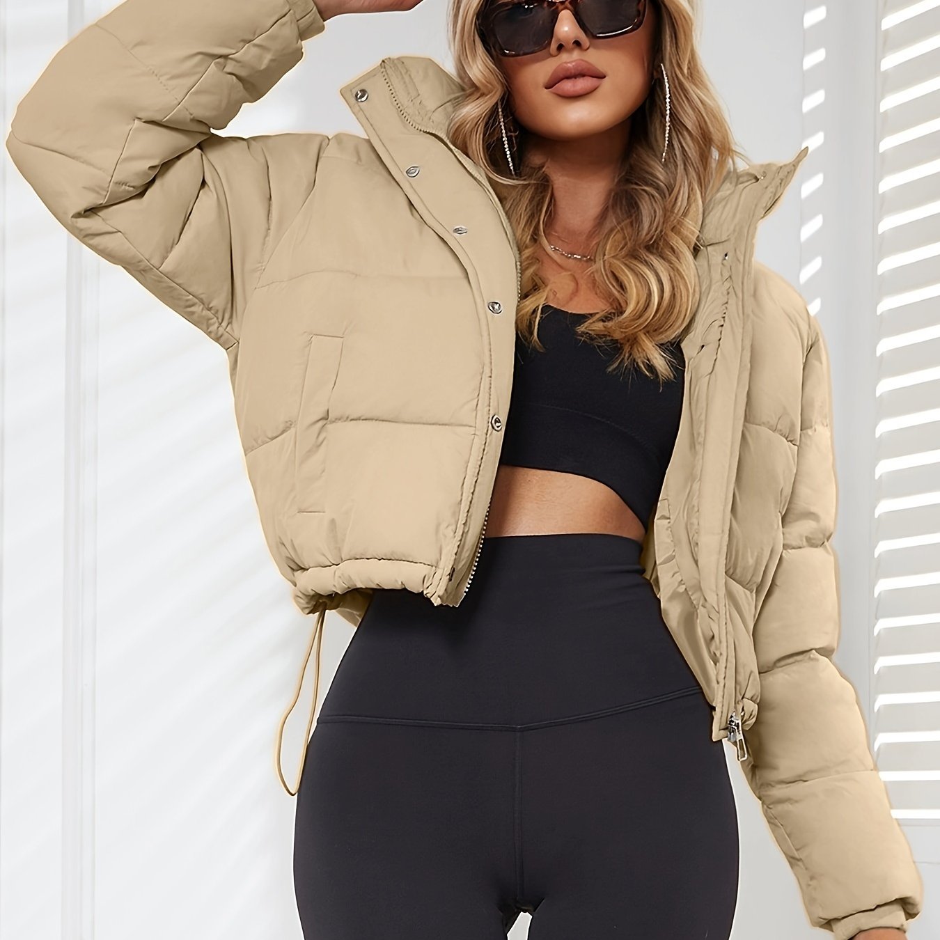 Women's Stylish Black Hooded Puffer Jacket - Casual Short Warm Outerwear with Drawstring Design, Long Sleeves, and Button-Up Front for Winter Comfort, Winter Jacket