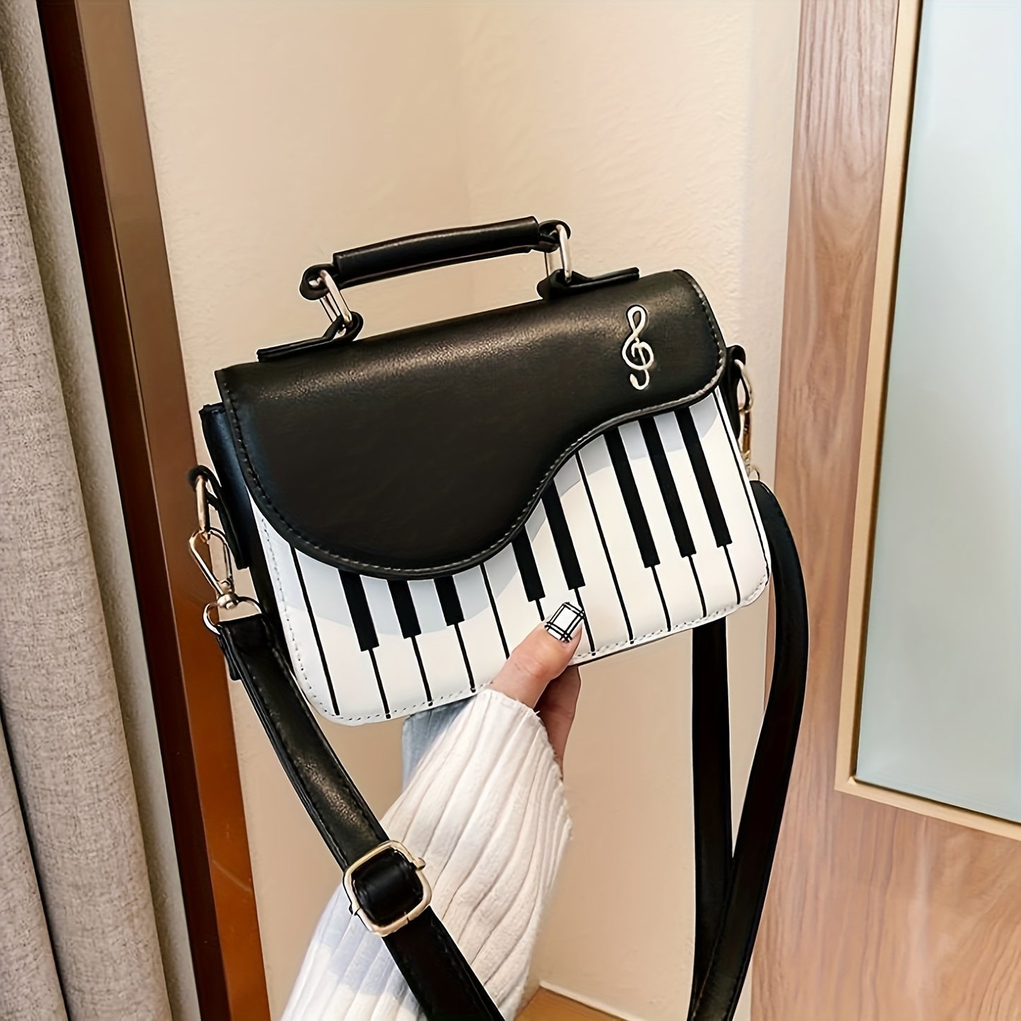 Women'S Piano Key Crossbody Bag - & Musical Note Design with Golden-Tone Hardware, Zipper Closure & Golden-Tone Hardware, Satchel Purse For Evening Events, Concerts, Casual Outings - Durable & Easy-clean, Concert Accessory, S