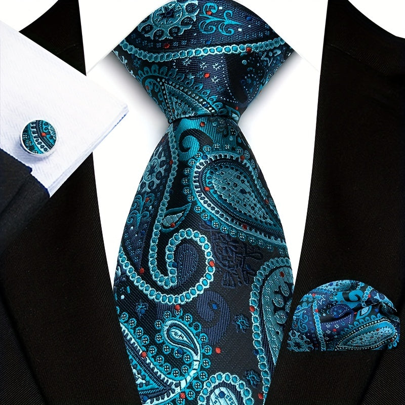 Three-Piece Gentlemans Accessory Set - Stylish Paisley Pattern Tie, Pocket Square, and Cufflinks - Perfect Gift Idea for Men on Special Occasions