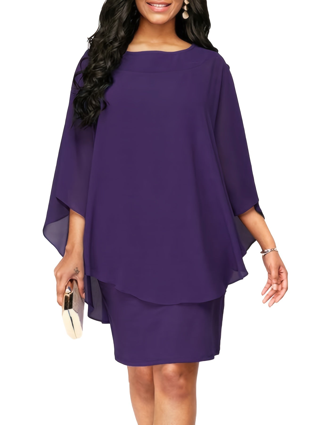Plus Size, Plus Size Women's Classic Solid Color Cover-Up 2-in-1 Chiffon Dress