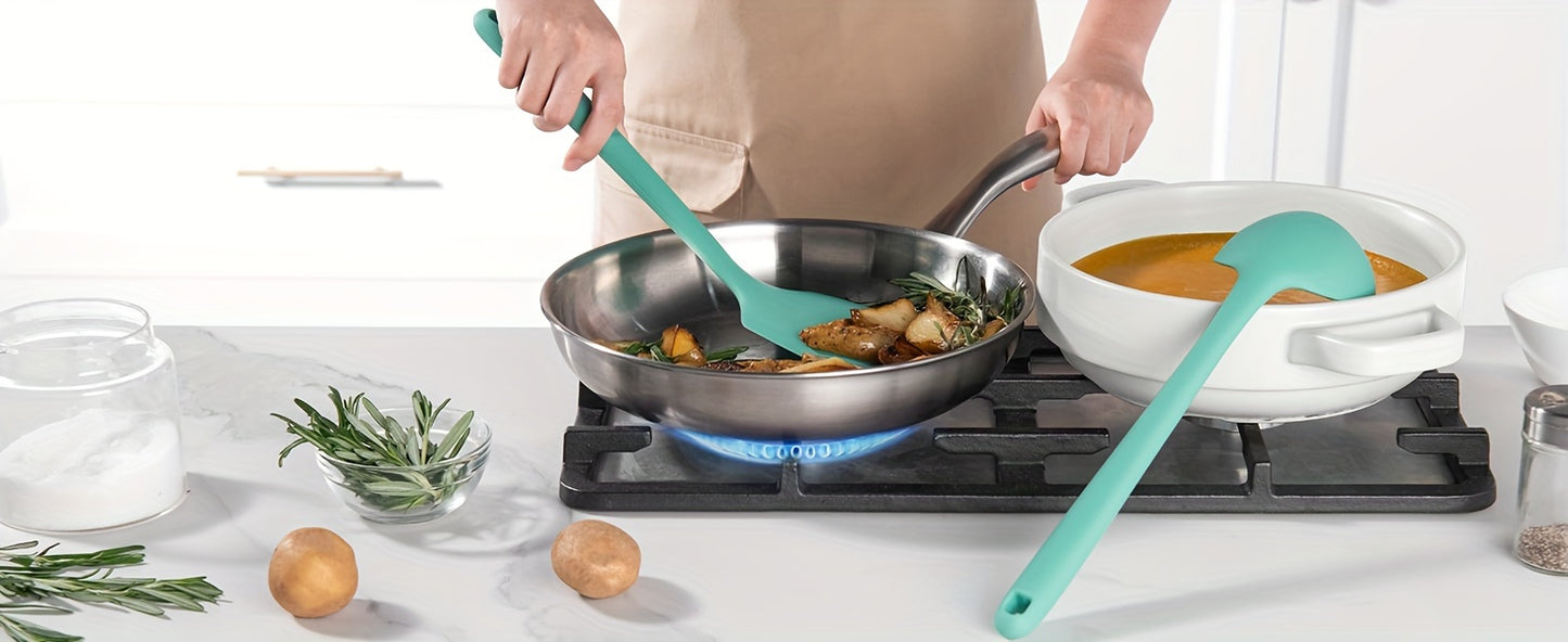 5pcs/set Cookware Set, 13.6in Silicone High Heat Resistant Kitchen Utensil, Cooking Tools Gadgets Set, BPA Free Non Stick Solid And Slotted Turner Spatula, Mixing Spoon, And Soup Ladle, For Home Kitchen And Restaurant, Kitche