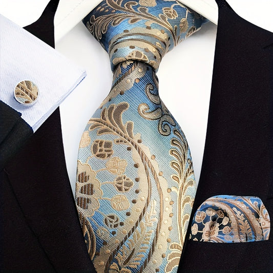 Three-Piece Gentlemans Accessory Set - Stylish Paisley Pattern Tie, Pocket Square, and Cufflinks - Perfect Gift Idea for Men on Special Occasions