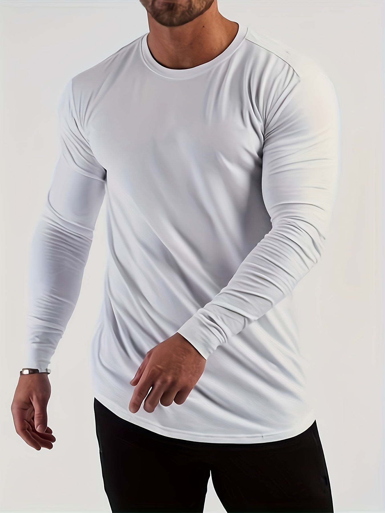 Mens Premium Solid Hue Slim Fit Long Sleeve Sports Shirt - Comfortable Crew Neck, Athletic for Fitness, Hiking & More - Versatile Top for Active Men