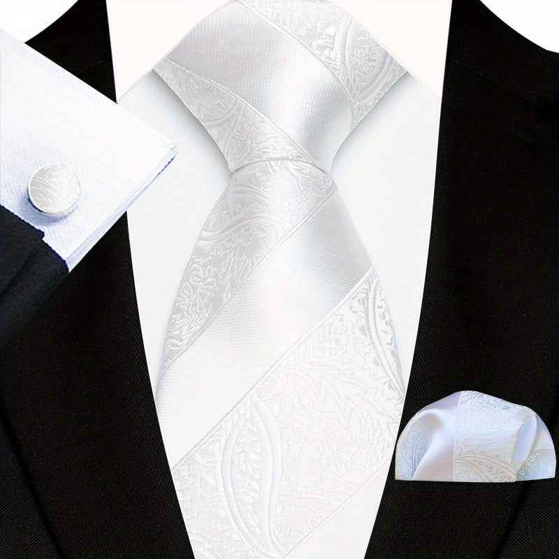 Men's Floral Paisley Striped Plaid Necktie & Handkerchief & Cufflink Set, Formal Business Wedding Necktie Set, Ideal Choice For Gifts