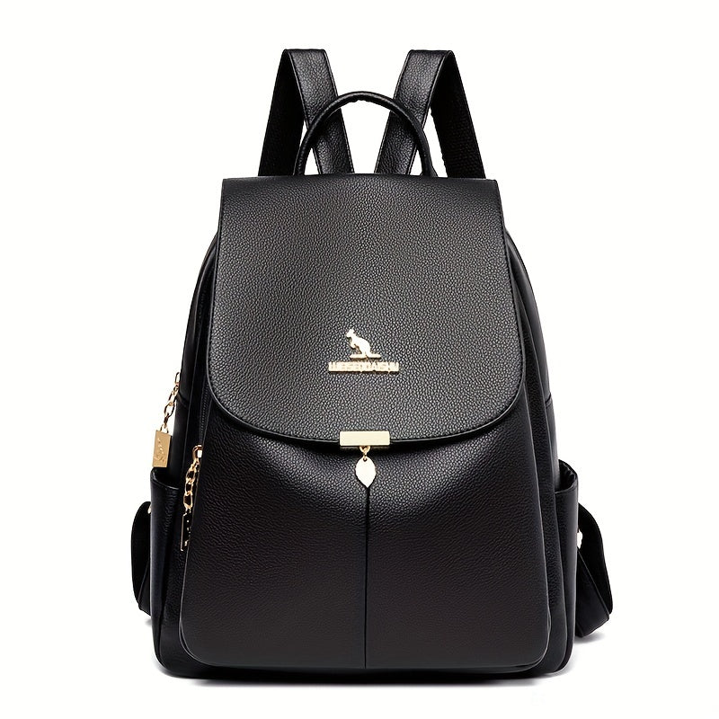 Flap Backpack For Women, Metal Decor School Bag, Fashion PU Leather Travel Daypack