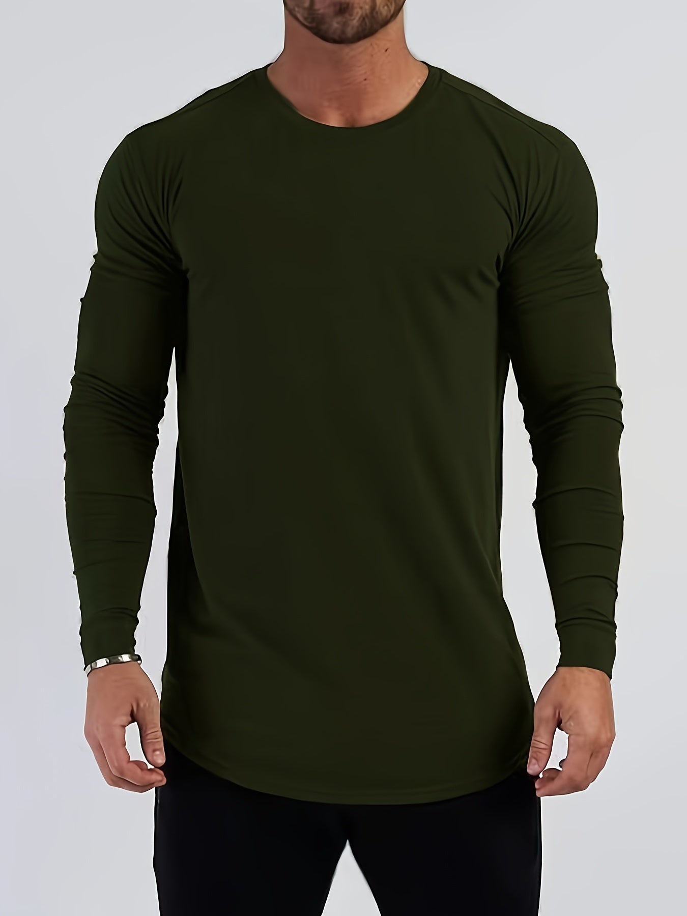 Mens Premium Solid Hue Slim Fit Long Sleeve Sports Shirt - Comfortable Crew Neck, Athletic for Fitness, Hiking & More - Versatile Top for Active Men
