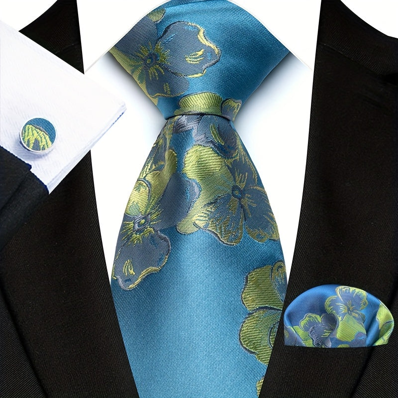 Three-Piece Gentlemans Accessory Set - Stylish Paisley Pattern Tie, Pocket Square, and Cufflinks - Perfect Gift Idea for Men on Special Occasions