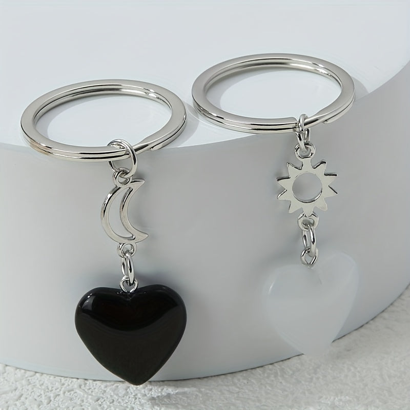 2pcs Heart Stone Keychain Moon & Sun Key Ring Purse Bag Backpack Car Key Charm BFF Friends Couples Valentine's Day Gift