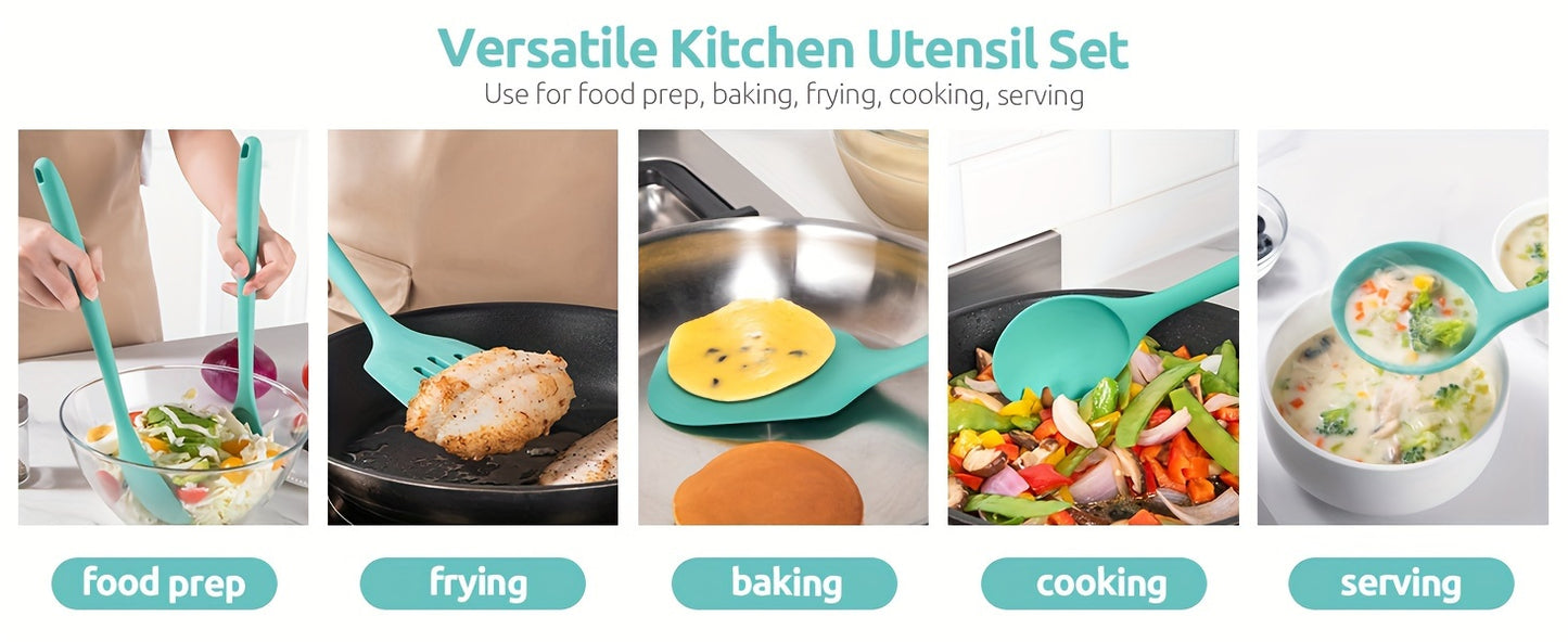 5pcs/set Cookware Set, 13.6in Silicone High Heat Resistant Kitchen Utensil, Cooking Tools Gadgets Set, BPA Free Non Stick Solid And Slotted Turner Spatula, Mixing Spoon, And Soup Ladle, For Home Kitchen And Restaurant, Kitche