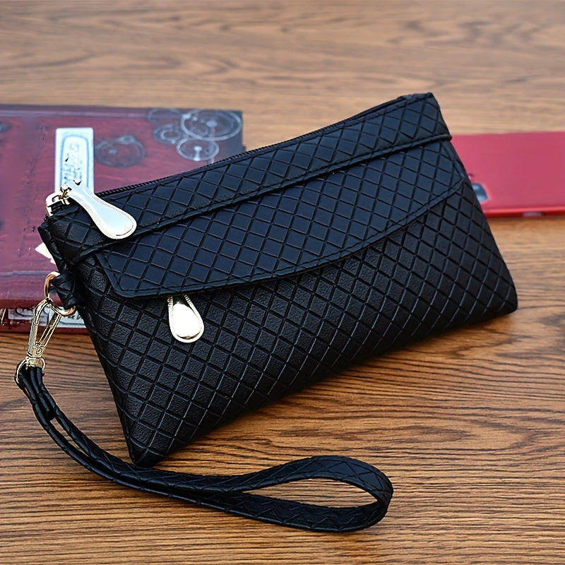Women's Argyle Quilted Clutch Bag, Multi Zipper Wristlet Bag For Phone & Coin, Fashion Handbag