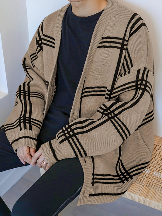 Mens Stylish Stripe Knit Cardigan - Comfortable Long Sleeve V Neck Top for Versatile Outdoor Wear - All-Season Fashionable Style