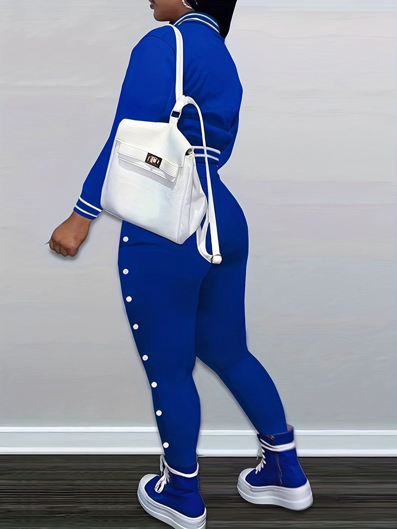 Women's Red Jacket and Pants Set - Casual Polyester with Letter "B" Patches, Button Closure, and Striped Accents