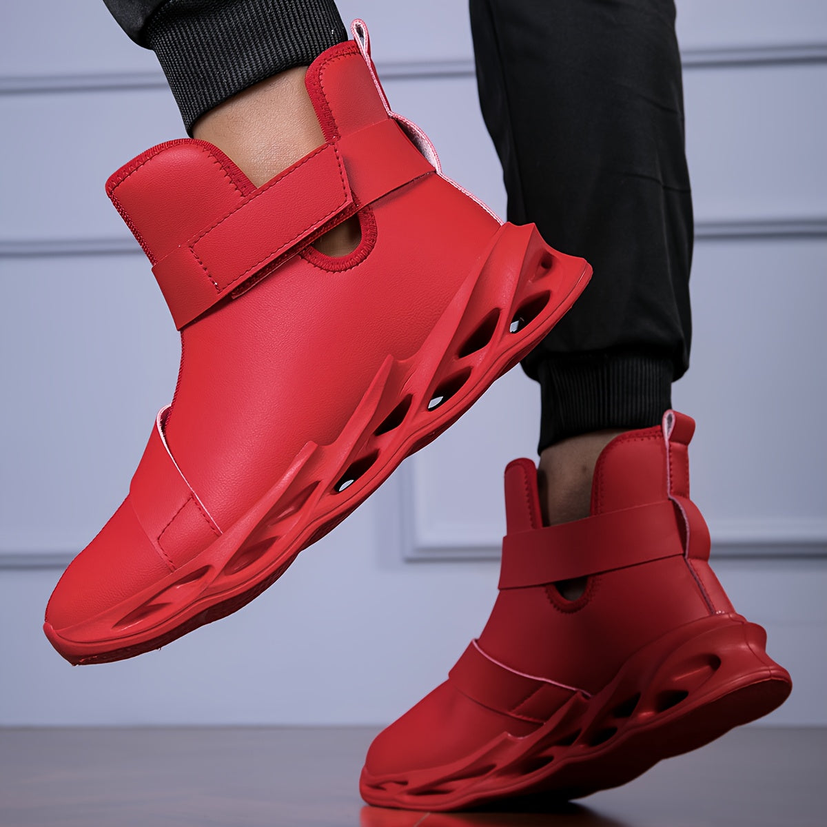Men's -like PU Boot - Glossy Glossy/ Matte Black & Red/ - Lace-Up & Hook-and-Loop Closure - Chunky EVA Cushioned Base - Low-Top Height - British Work Boots for Men - Gothic Arch - PU Material - Multi-Color Options (Black, Red