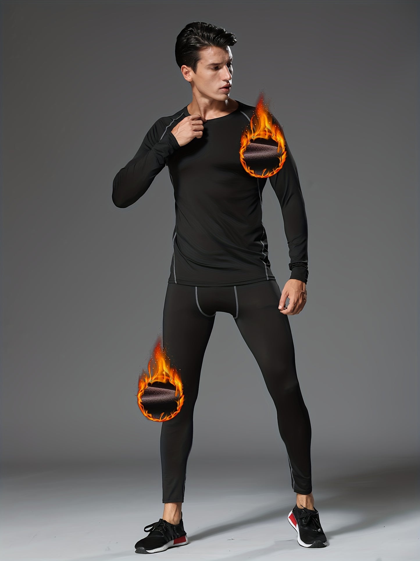 8pcs Men's Fleece Athletic Set - Full-Body Tight-Fit Gym & Suit, Polyester Knit Thermal Outfit for Winter Sports, Running, Hiking, Basketball & Cycling, Warm Sports Wear, Winter Sportswear, Winter Gym Clothes, Winter Sports W