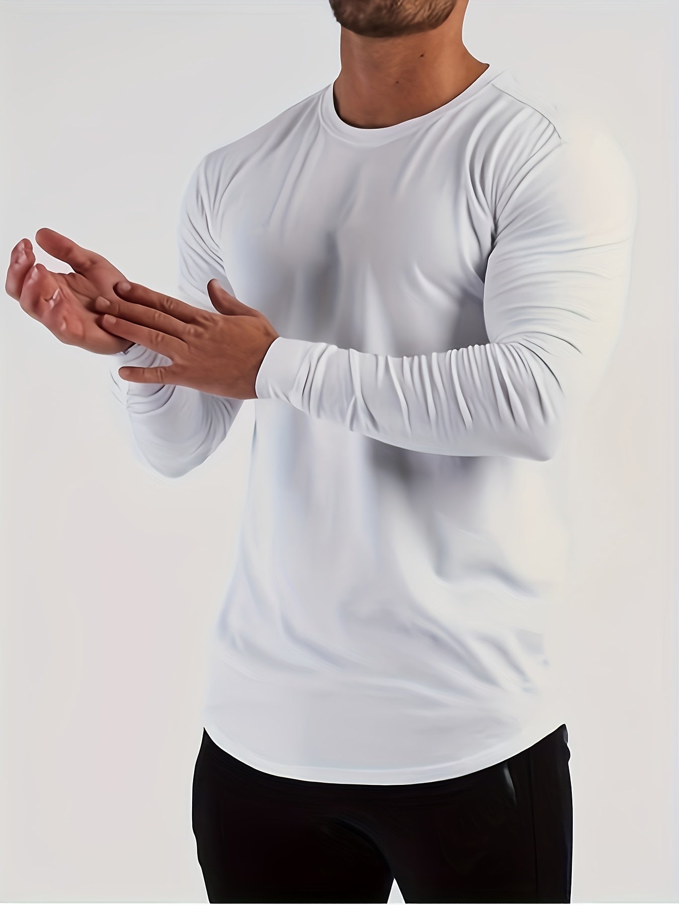 Mens Premium Solid Hue Slim Fit Long Sleeve Sports Shirt - Comfortable Crew Neck, Athletic for Fitness, Hiking & More - Versatile Top for Active Men