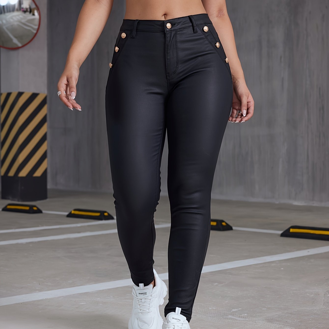 Women's PU Leather Coated Slim Fit Trousers, Sexy Skinny Denim Pants, All-Season Stretchy Jeans, Casual To Dressy Look, Spring/Summer/Autumn/Winter, Black Color