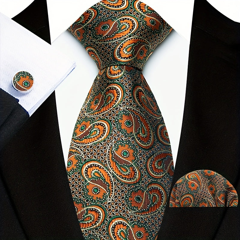 Three-Piece Gentlemans Accessory Set - Stylish Paisley Pattern Tie, Pocket Square, and Cufflinks - Perfect Gift Idea for Men on Special Occasions