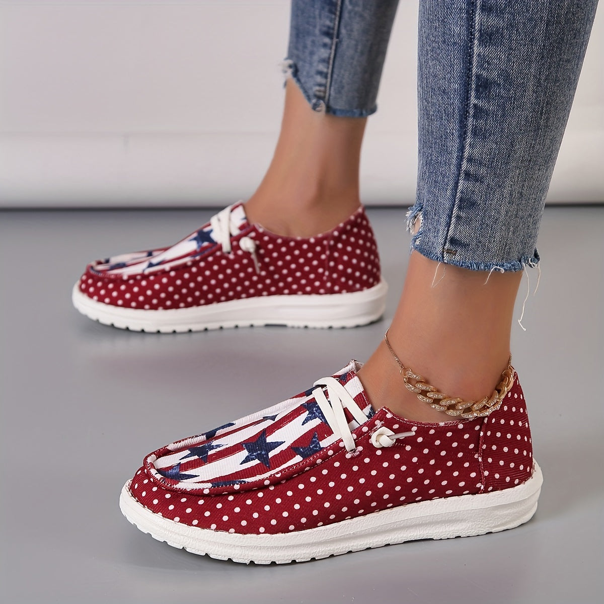 Stylish Womens Canvas Shoes - Breathable Mesh Inner, Geometric Pattern, Lightweight Rubber Sole, Round Toe, Casual Lace Up Sneakers for Outdoor Activities - Independence Day Flag Element Design