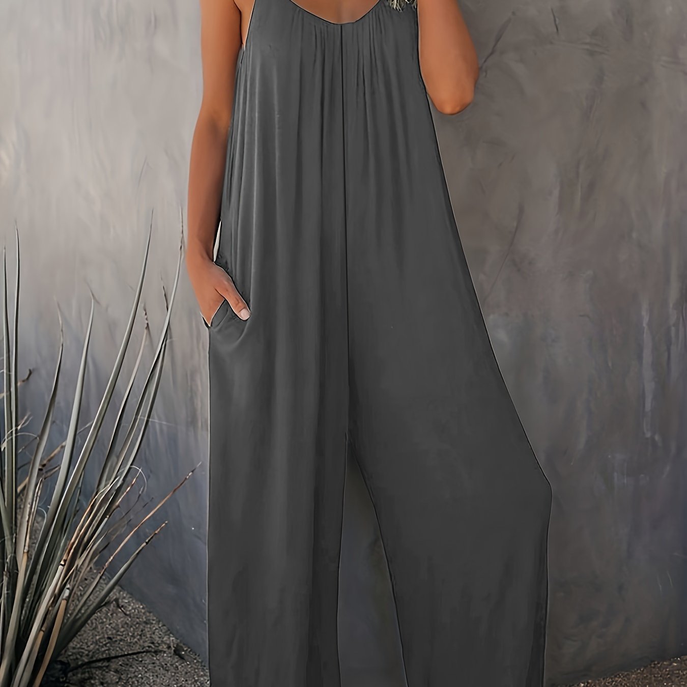 Plus Size Basic Jumpsuit, Women's Plus Solid V Neck Wide Leg Summer Cami Jumpsuit