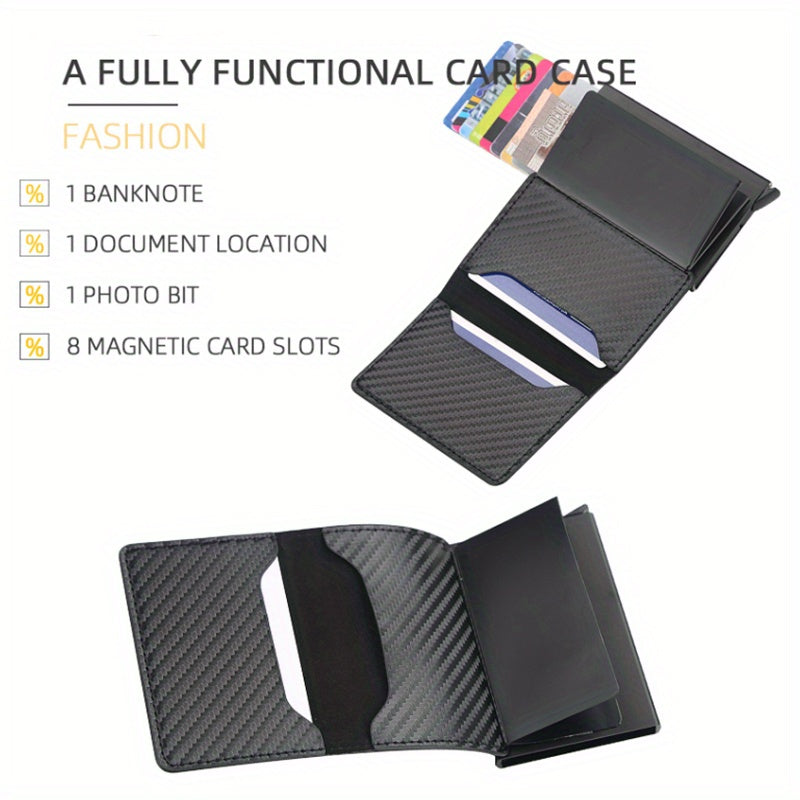 OBCREATOR Carbon Fiber RFID Blocking Wallet, Slim Metal Pop-Up Credit Card Holder, Aluminum Alloy, Non-Braided, Simple Style, Black, Minimalist Design for Men