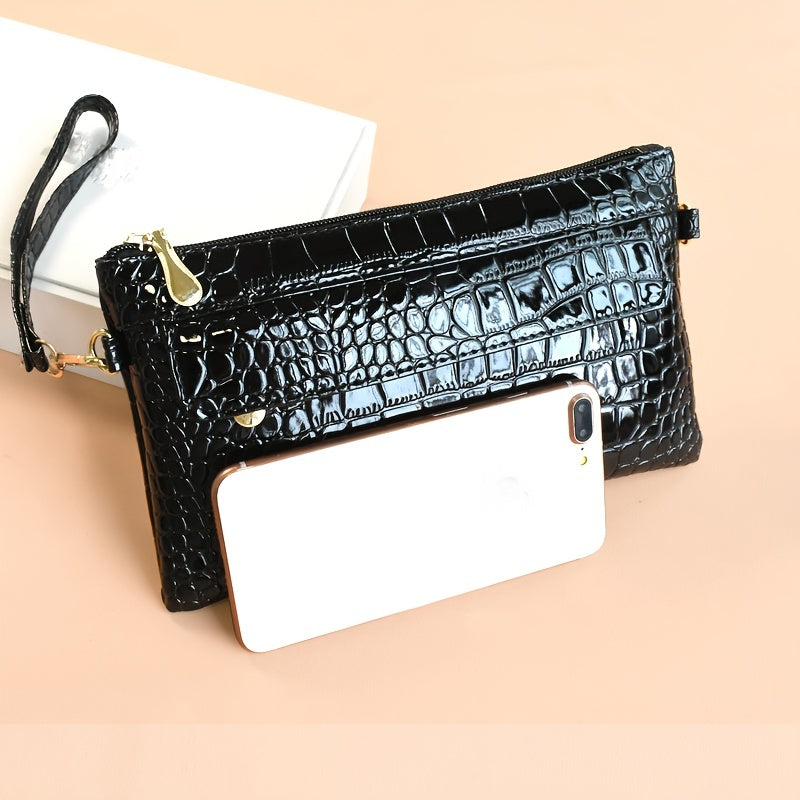 Fashion Croc Embossed Clutch Bag - Stylish Faux Leather Crossbody Coin Purse with Wristlet for Women