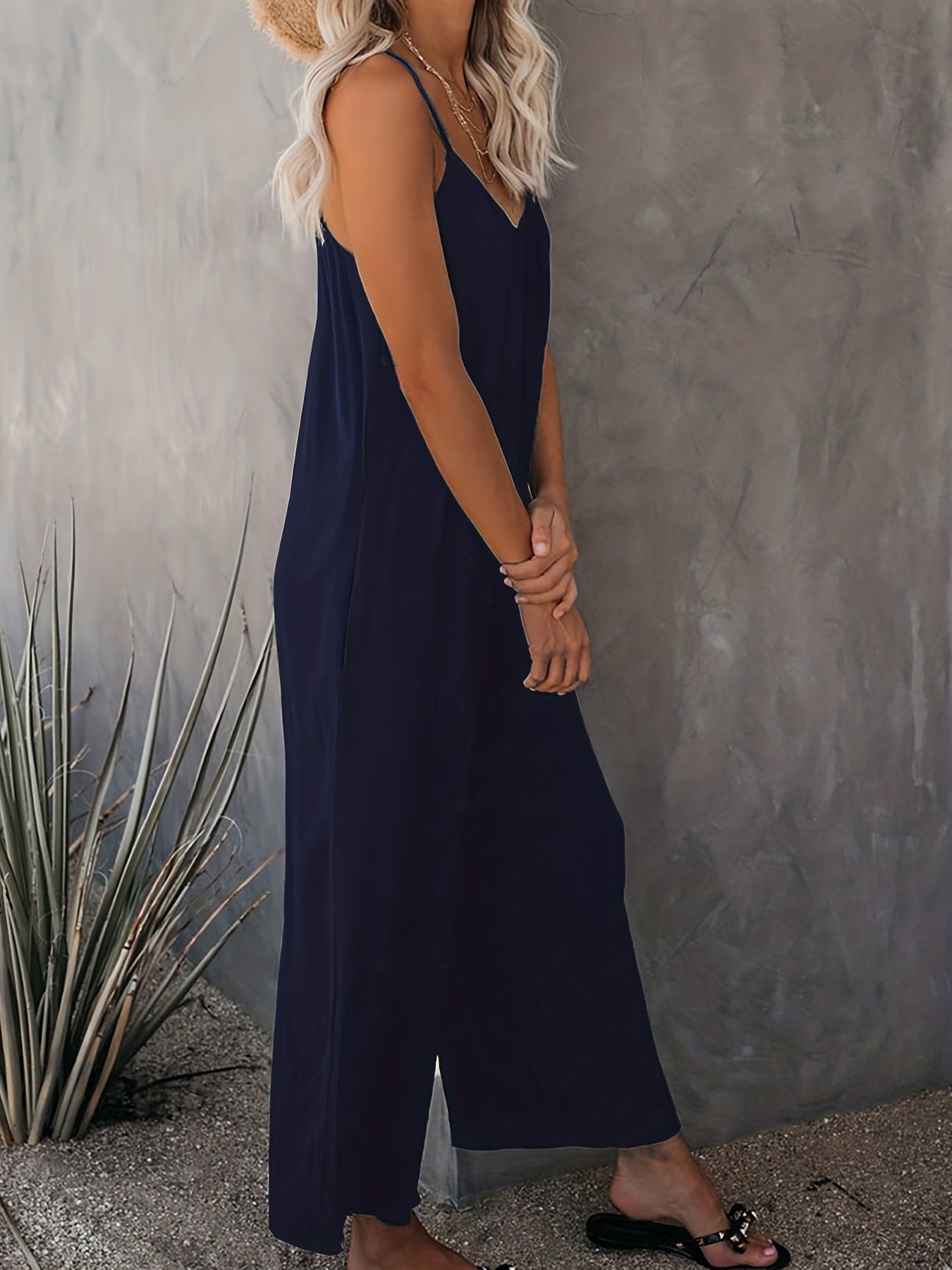 Plus Size Basic Jumpsuit, Women's Plus Solid V Neck Wide Leg Summer Cami Jumpsuit