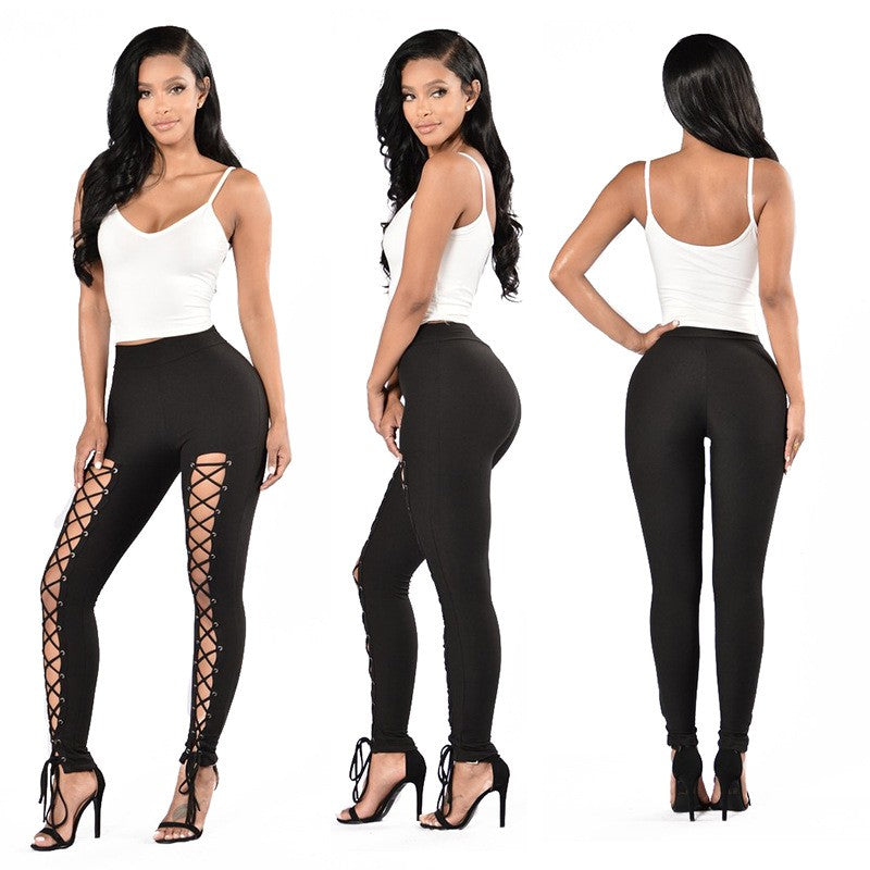 Autumn-Winter Trendy + Western Sexy Lace-Up Leggings with Double Rows of Eyelets, Cross-Tie Ankle Pants for Women, Solid Color Slim-Fit