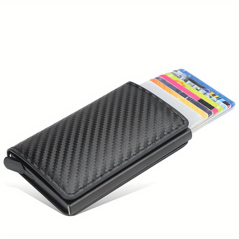 OBCREATOR Carbon Fiber RFID Blocking Wallet, Slim Metal Pop-Up Credit Card Holder, Aluminum Alloy, Non-Braided, Simple Style, Black, Minimalist Design for Men