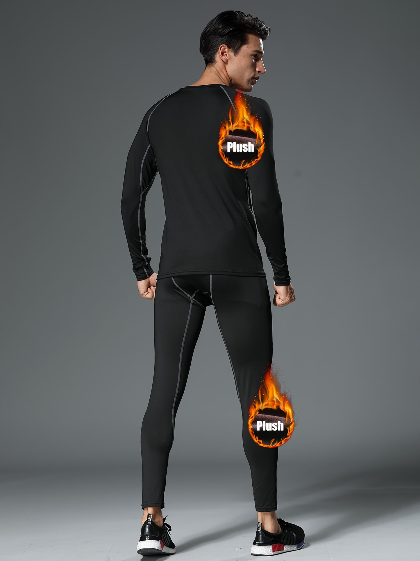 8pcs Men's Fleece Athletic Set - Full-Body Tight-Fit Gym & Suit, Polyester Knit Thermal Outfit for Winter Sports, Running, Hiking, Basketball & Cycling, Warm Sports Wear, Winter Sportswear, Winter Gym Clothes, Winter Sports W