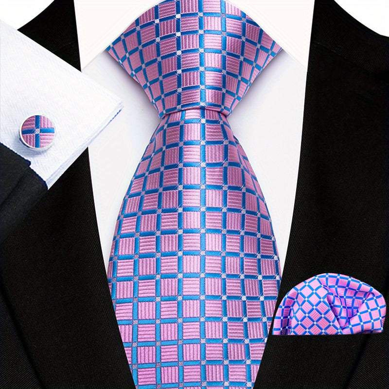 Men's Floral Paisley Striped Plaid Necktie & Handkerchief & Cufflink Set, Formal Business Wedding Necktie Set, Ideal Choice For Gifts