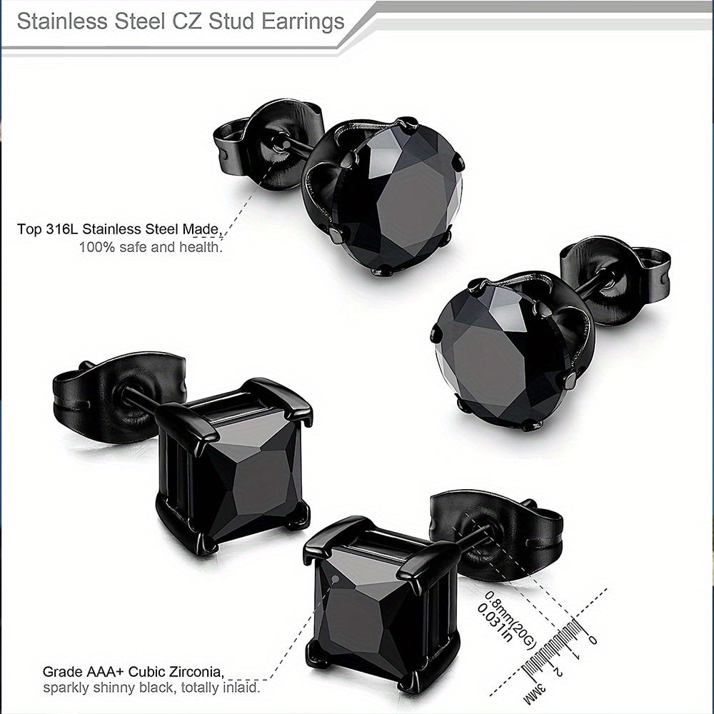 2 Pairs Stainless Steel Unisex CZ Stud Earrings - Durable Hypoallergenic, Jet Black, Sparkling Cubic Zirconia, Perfect for Men & Women