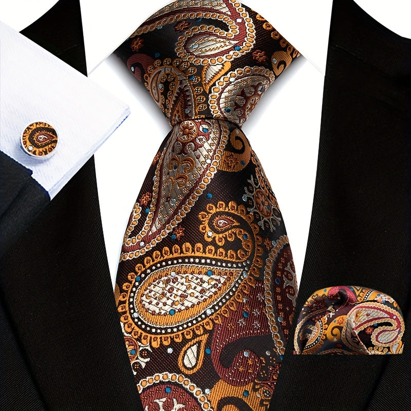 Three-Piece Gentlemans Accessory Set - Stylish Paisley Pattern Tie, Pocket Square, and Cufflinks - Perfect Gift Idea for Men on Special Occasions