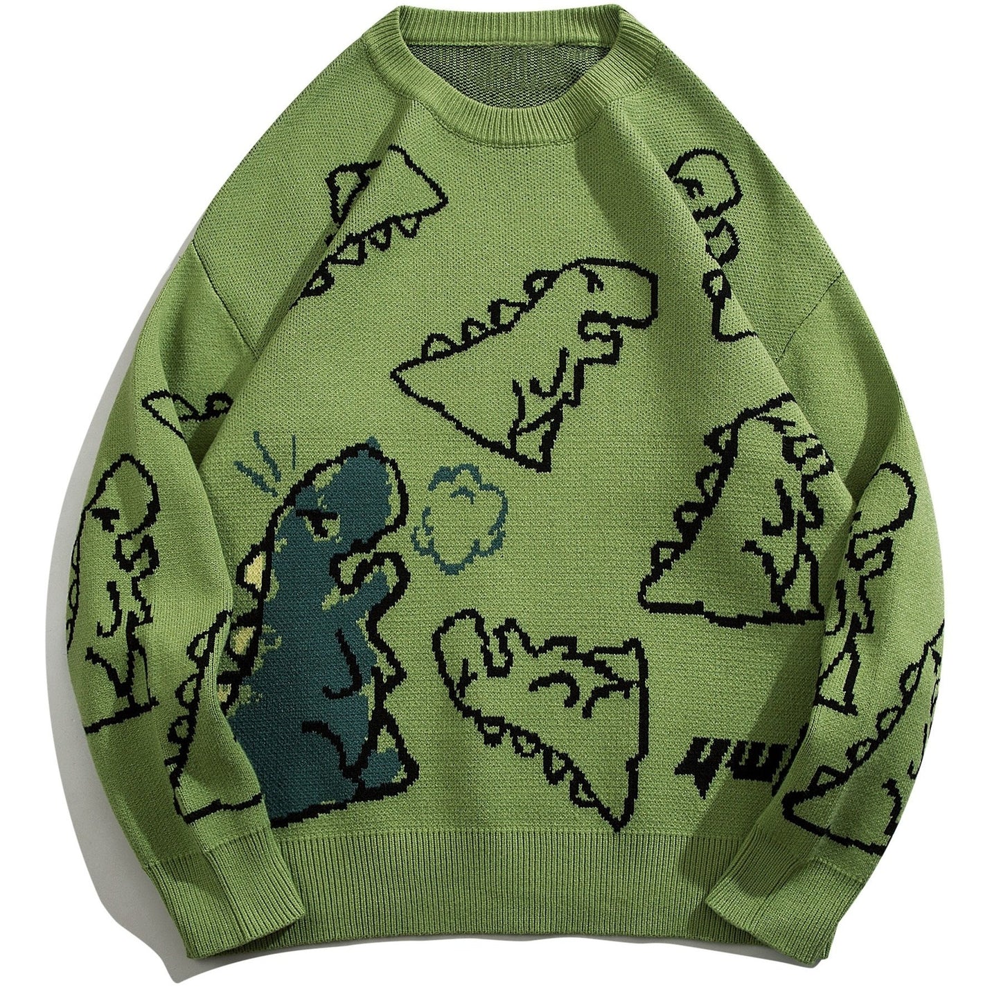 YWFG Unisex Casual Loose Fit Sweater - Black with Blue Dinosaur & Cloud Design, Long Sleeve Round Neck Pullover for Men & Women, Cozy Fall/Winter Knitwear, Dinosaur Clothes, Fall Winter Apparel, Playful Graphic Design, Comfor