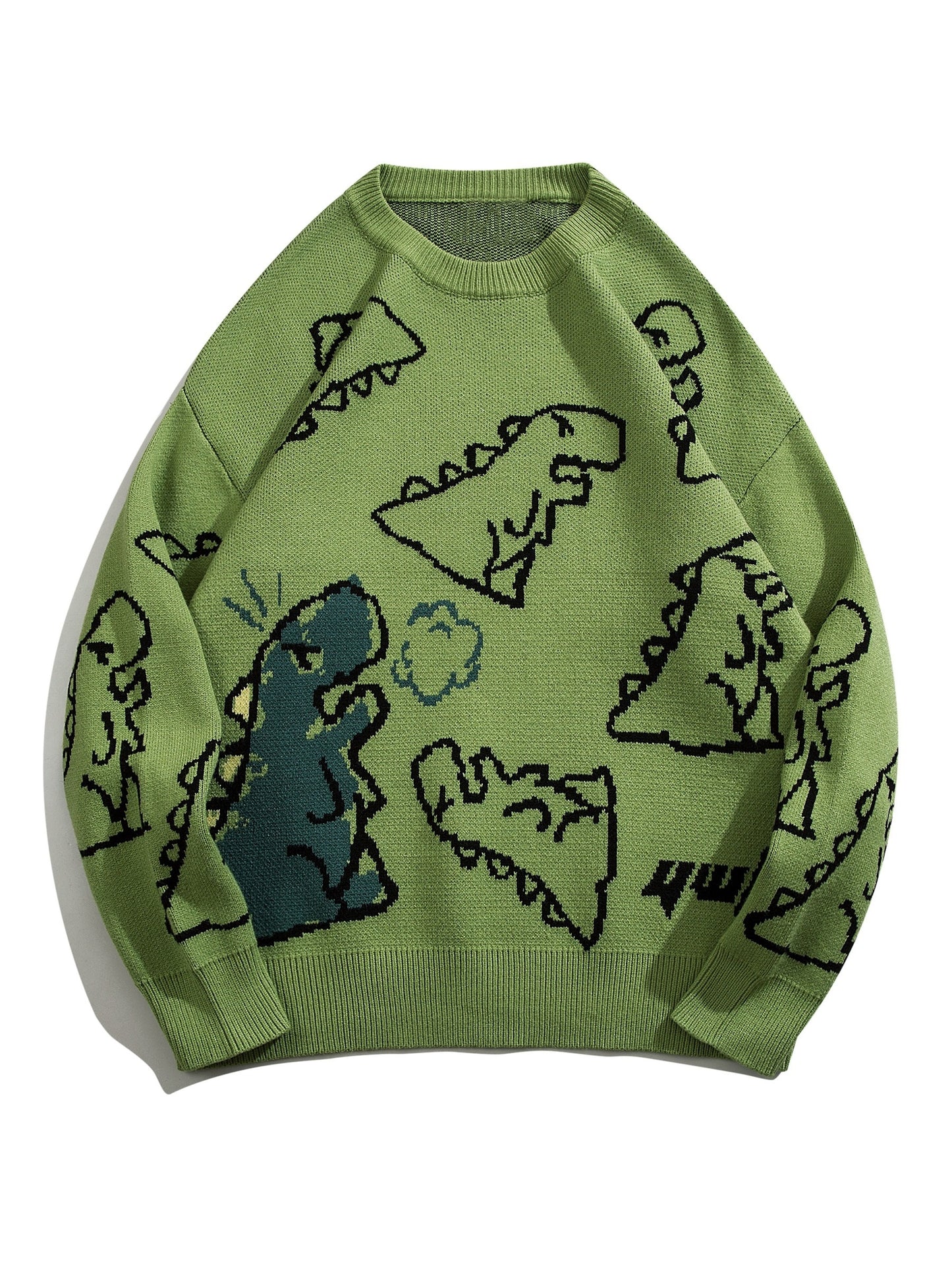 YWFG Unisex Casual Loose Fit Sweater - Black with Blue Dinosaur & Cloud Design, Long Sleeve Round Neck Pullover for Men & Women, Cozy Fall/Winter Knitwear, Dinosaur Clothes, Fall Winter Apparel, Playful Graphic Design, Comfor