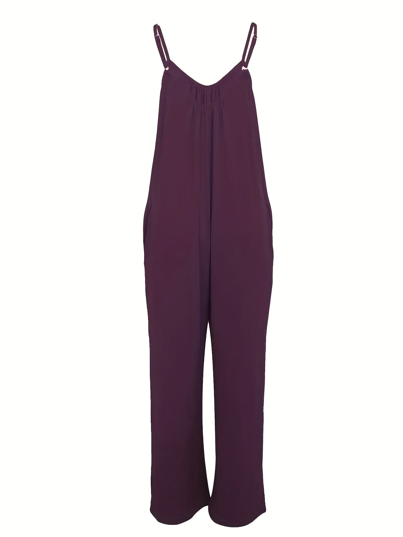 Plus Size Basic Jumpsuit, Women's Plus Solid V Neck Wide Leg Summer Cami Jumpsuit