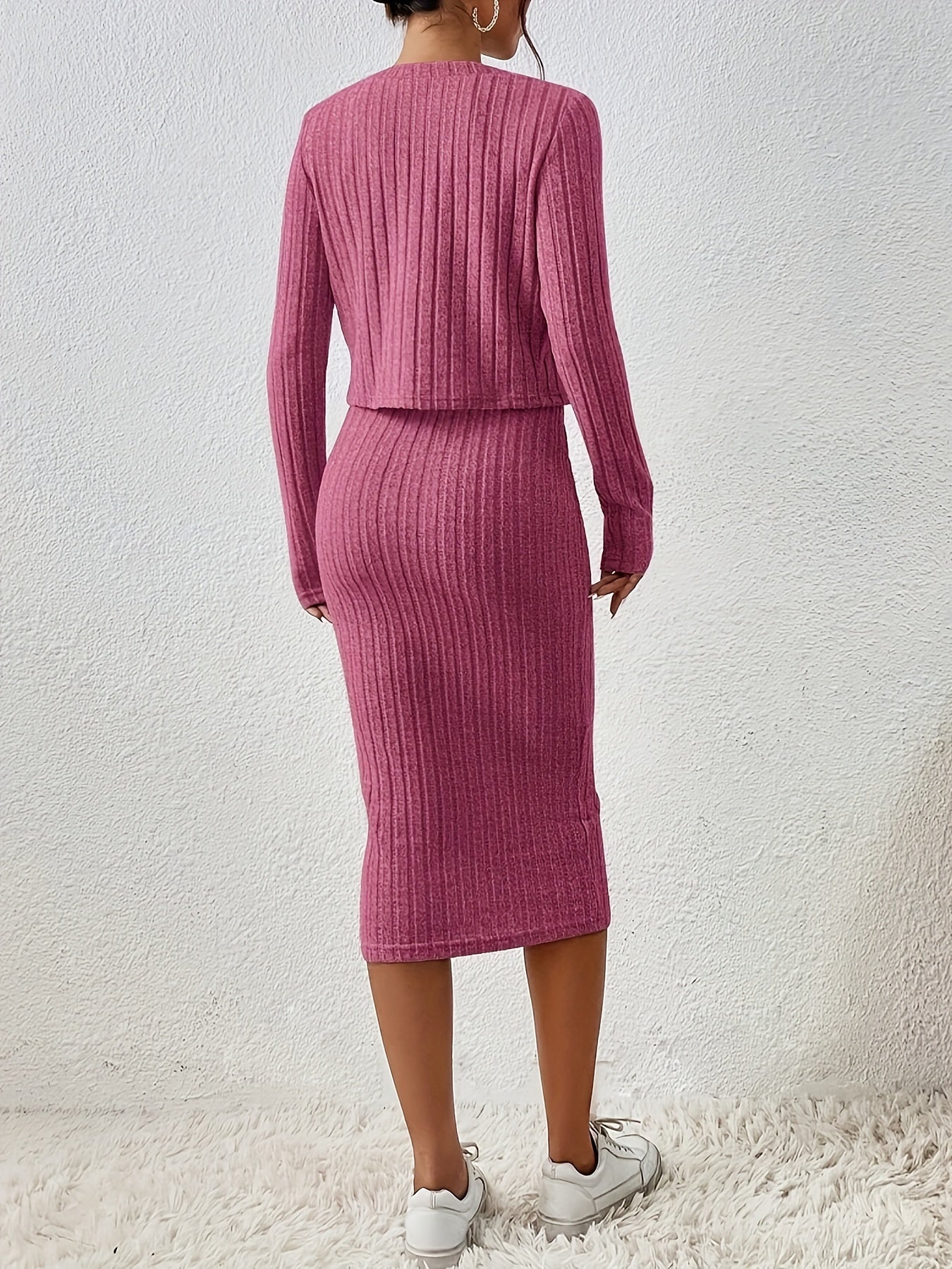Chic Solid Two-Piece Set - Flattering Single-Breasted Cardigan & Sleeveless Bodycon Dress Outfit - Perfect for Casual or Formal Wear - Womens Fashion Clothing