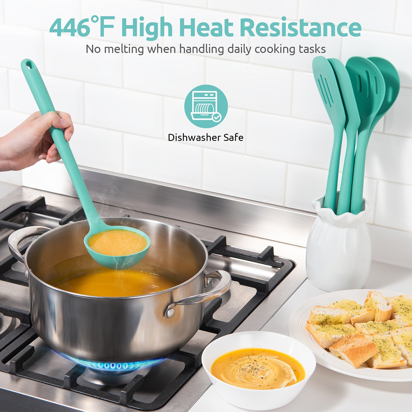 5pcs/set Cookware Set, 13.6in Silicone High Heat Resistant Kitchen Utensil, Cooking Tools Gadgets Set, BPA Free Non Stick Solid And Slotted Turner Spatula, Mixing Spoon, And Soup Ladle, For Home Kitchen And Restaurant, Kitche