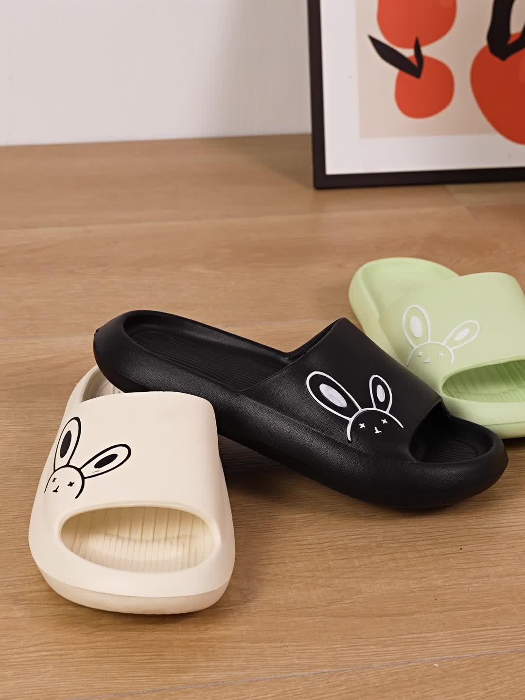 Ultra-Comfy Womens Kawaii Rabbit Pillow Slides - Soft Non-slip EVA Open Toe Slippers for Indoor Home Relaxation - Durable & Quick-dry Bathroom Slippers
