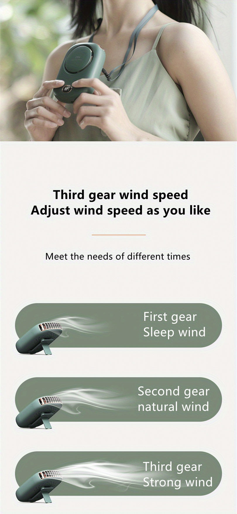 1pc, Portable USB Fan With Three-Speed Large Wind Adjustment, Waist-Hanging And Desktop Stand, Power Display, And Leafless Design