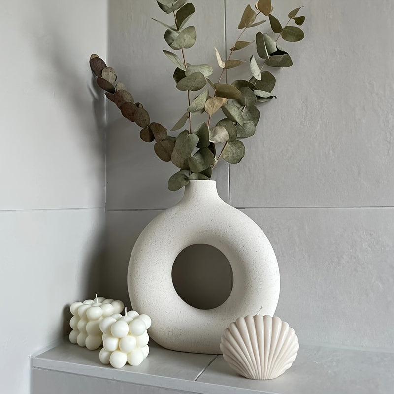 1pc Contemporary Ceramic Vase, Round Circle Design, Creative Ceramic Craft, Living Room Decor, Cross-Border Bestseller, 5.12*5.51inch Decorative Flower Vase