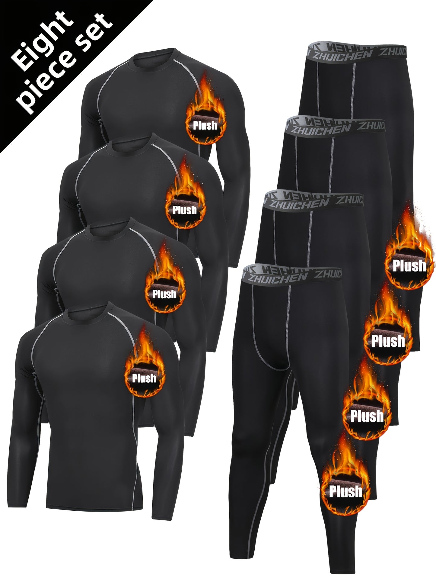 8pcs Men's Fleece Athletic Set - Full-Body Tight-Fit Gym & Suit, Polyester Knit Thermal Outfit for Winter Sports, Running, Hiking, Basketball & Cycling, Warm Sports Wear, Winter Sportswear, Winter Gym Clothes, Winter Sports W
