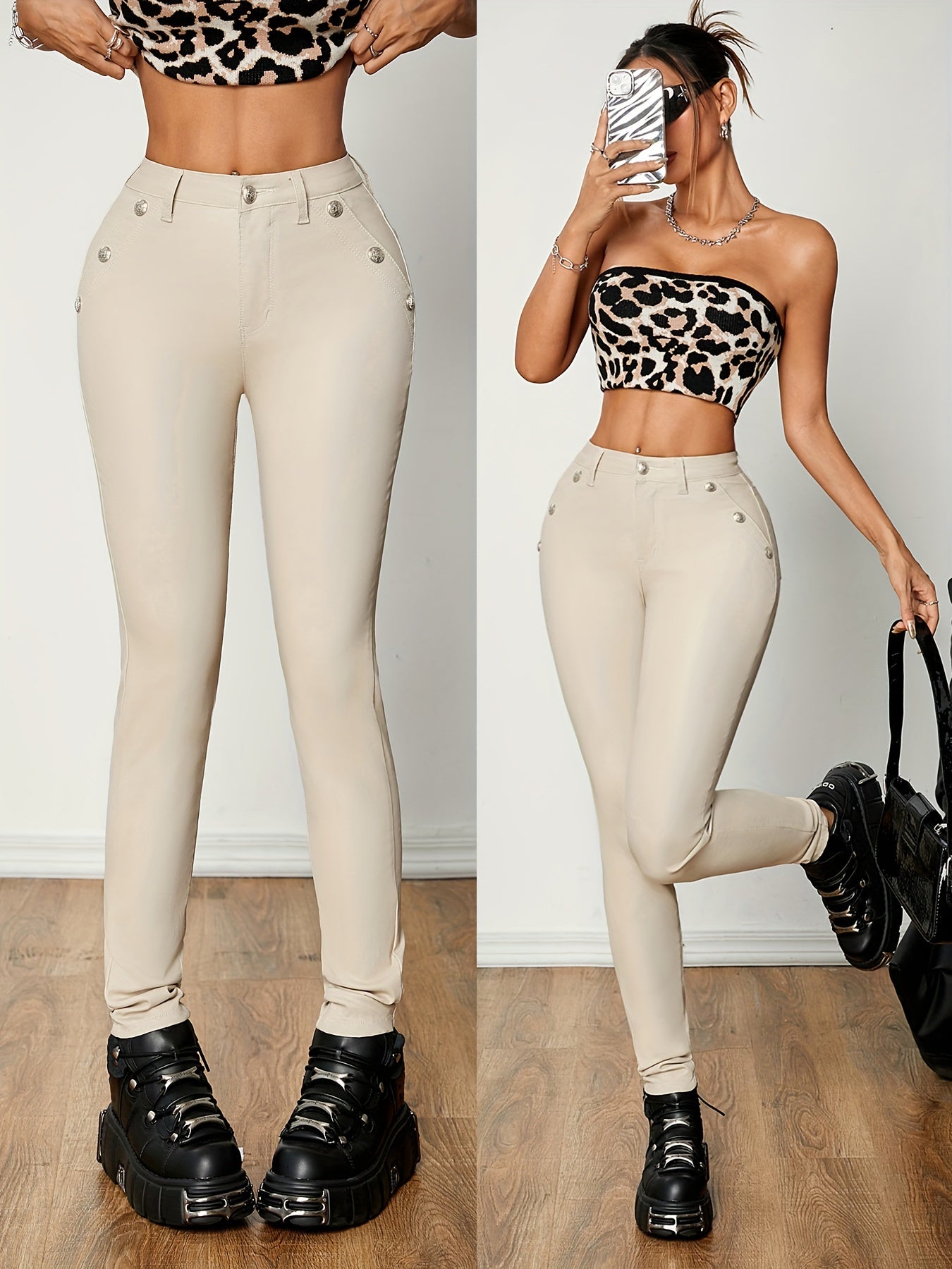 Women's PU Leather Coated Slim Fit Trousers, Sexy Skinny Denim Pants, All-Season Stretchy Jeans, Casual To Dressy Look, Spring/Summer/Autumn/Winter, Black Color
