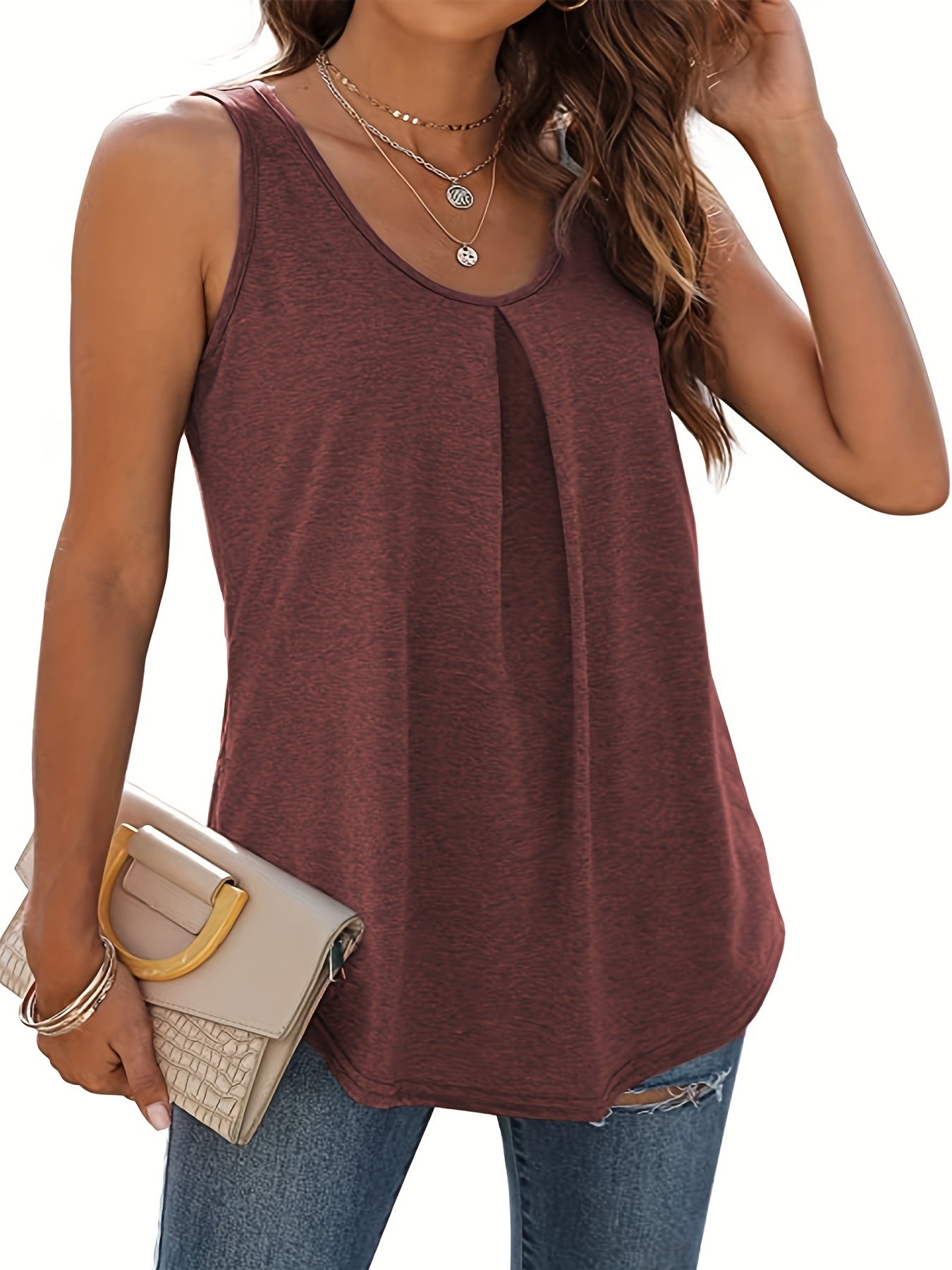 Plus Size Casual Tank Top, Women's Plus Plain Ruched Round Neck Medium Stretch Tank Top